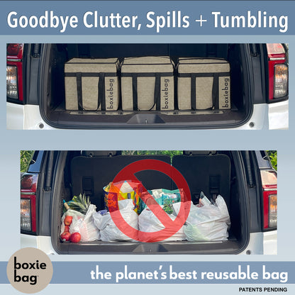 One Boxiebag compared with the single-use plastic bags it replaces