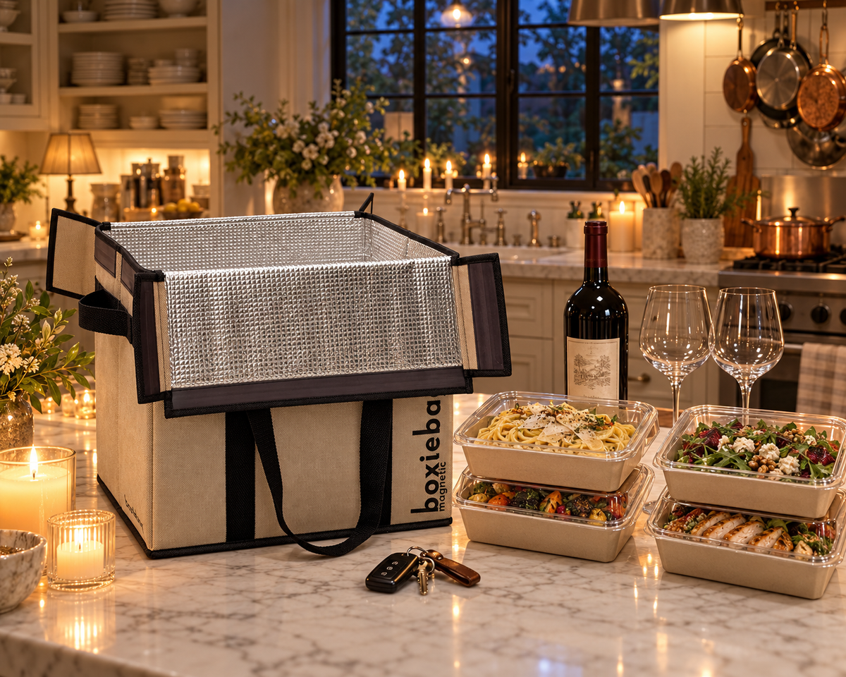 Sleek minimalist Boxiebag insulated bag open on a marble kitchen counter beside takeout containers and wine at twilight