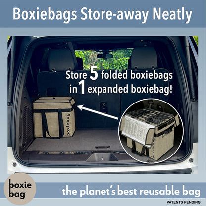 Several folded Boxiebags stored inside one open Boxiebag