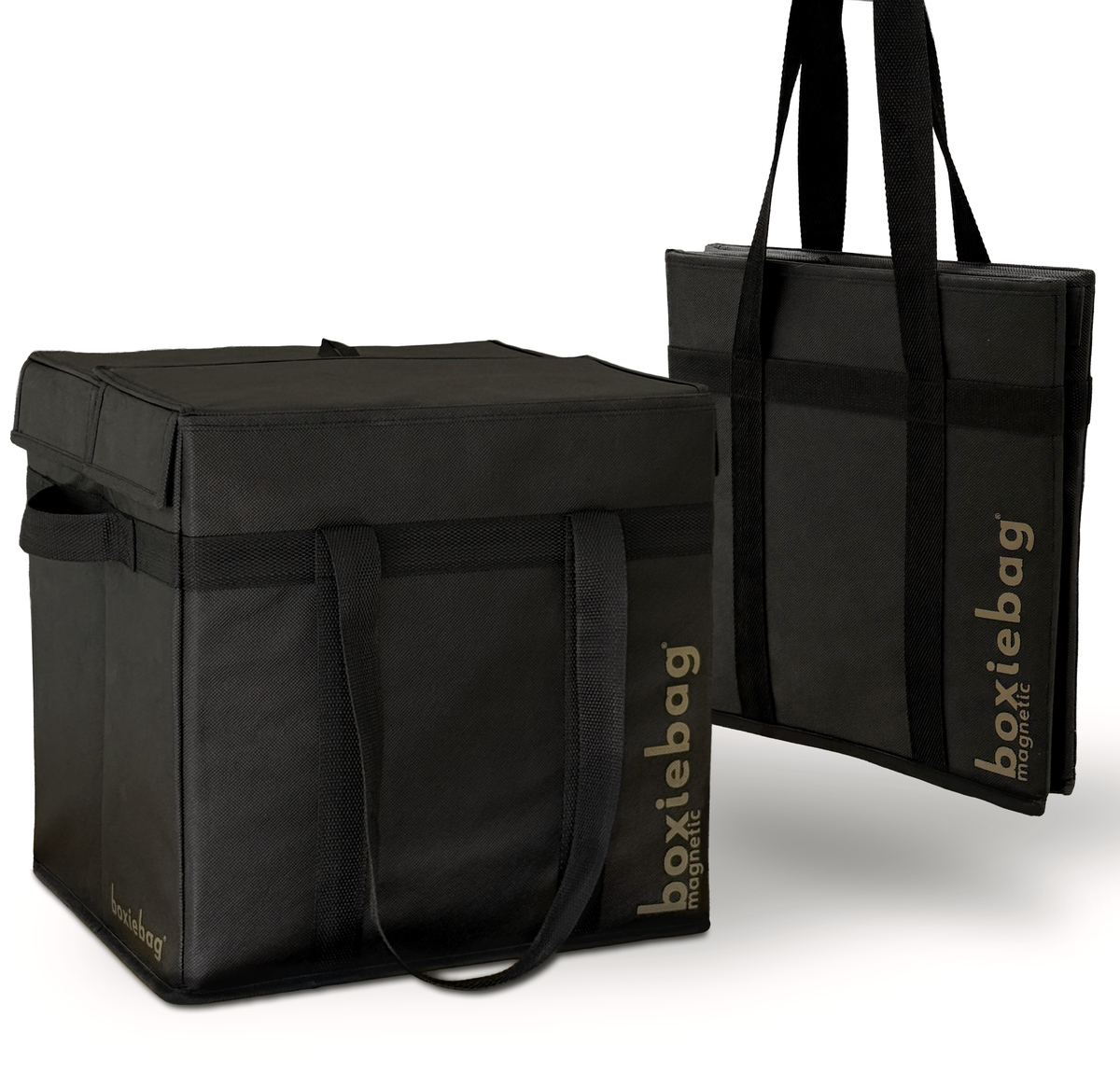 Boxiebag Black insulated reusable shopping bag, open and standing upright